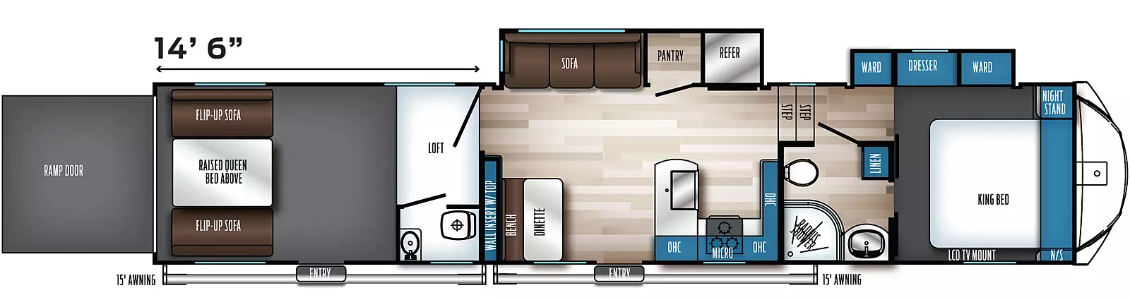 The 4007G2 has two slideouts and two entries. Exterior features a rear ramp door, and two 15 foot awnings. Interior layout front to back: foot-facing king bed with overhead cabinet and nightstands on each side, off-door side slideout with wardrobes and dresser, and door side TV prep; door side full pass through bathroom with linen closet; steps down to main living area; off-door side slideout with refrigerator, pantry, and sofa; kitchen counter with overhead cabinet wraps from inner wall to door side with cooktop, and microwave, and continues to wrap to peninsula with sink; door side entry, bench with dinette, and wall insert with top; rear garage area with half bathroom, loft, second entry, and opposing rear flip-up sofas with raised queen bed above. Garage dimensions: 14 foot 6 inches from rear to main living area.