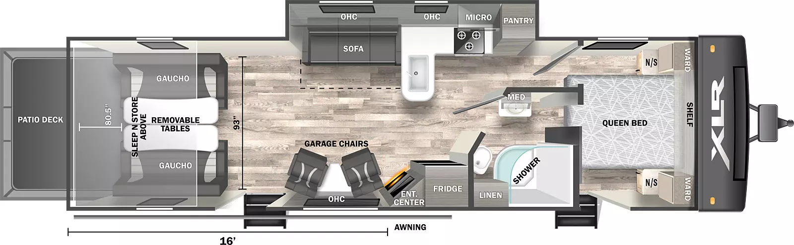 The 3016 Toy Hauler Travel Trailer features one off-door side slideout and two entries. Interior layout from front to back: queen bed with wardrobes and night stands on either side, shelf above and entry steps; door side pass-through bathroom; off-door side hallway to main living area; off-door side slideout with pantry, microwave, stove, overhead cabinets, peninsula sink and sofa; door side refrigerator, entertainment center with fireplace below, and garage chairs with overhead cabinets; rear entry steps, gaucho couches with removeable tables, sleep n store above, and rear ramp patio deck