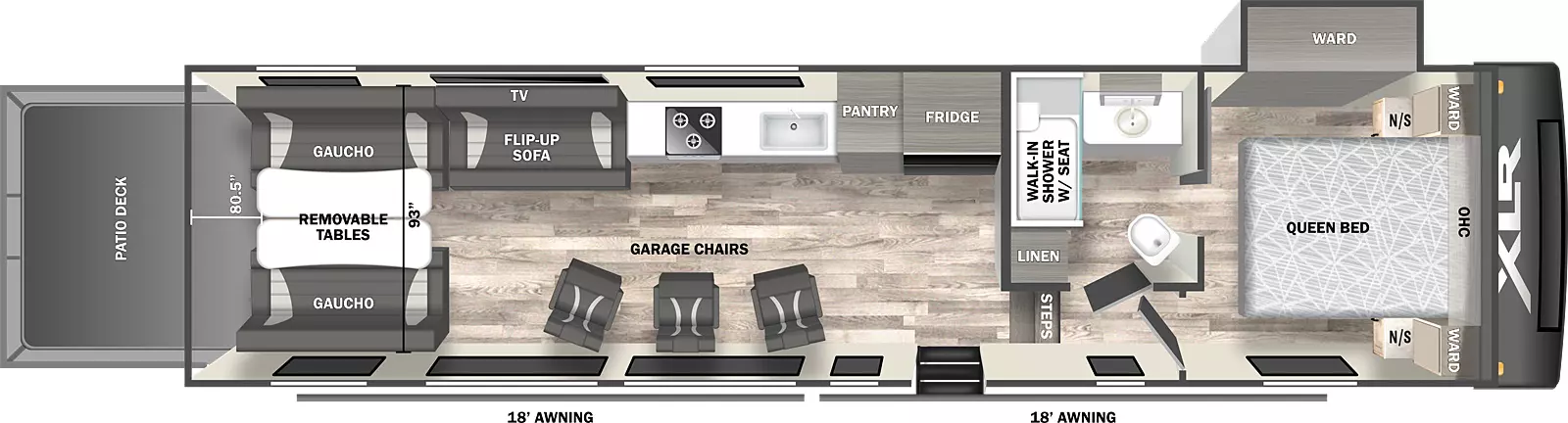 The 427 Toy Hauler Fifth Wheel features one off-door side slide out and one entry door. Interior layout from front to back: bedroom with queen bed, wardrobes and night stands on either side, overhead cabinet and off-door side wardrobe slideout; off-door side pass-through bathroom; hallway and steps down to main living area and entry door; off-door side kitchen with refrigerator, pantry, sink and stove; door side garage chairs; off-door side flip-up sofa with TV above; rear  gaucho couches and removeable tables, and rear ramp patio deck