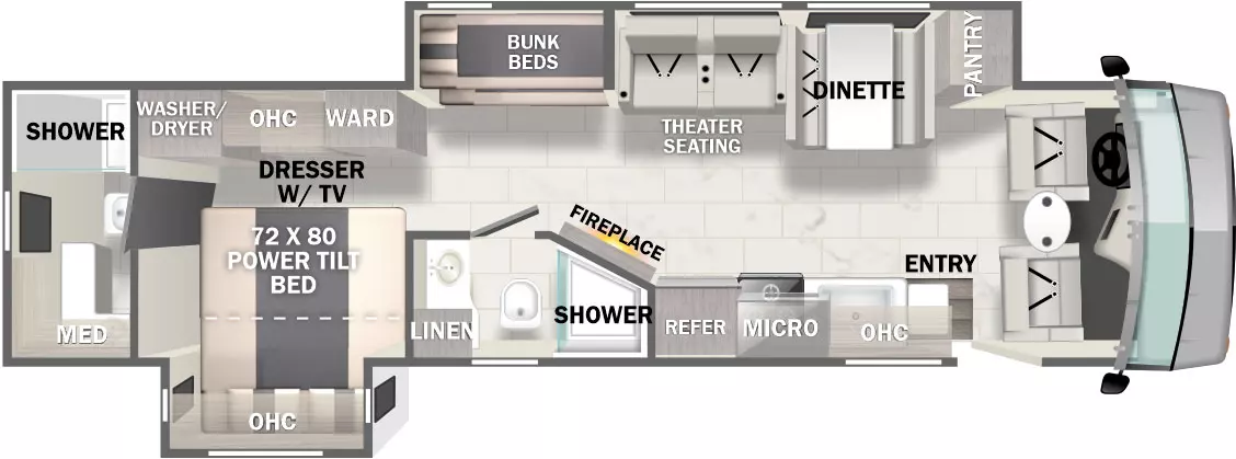 The 36K7 offer 2 full baths, off-door full wall slide out, and 1 door side slide out.  Interior from to back; cab with table, passenger workstation. Off-door full wall slide includes; pantry, booth dinette, theater seating with overhead, bunk bed.  Off-door side; wardrobe, dresser with overhead cabinet & TV, wardrobe optional washer / dryer.  Full bath with shower in rear.  Door side; kitchen with farmhouse sink, cooktop, microwave, overhead, 18 cu. ft. refrigerator, TV, and full mid-ship bath; shower & linen.  Door side bedroom slide with king bed and overhead.