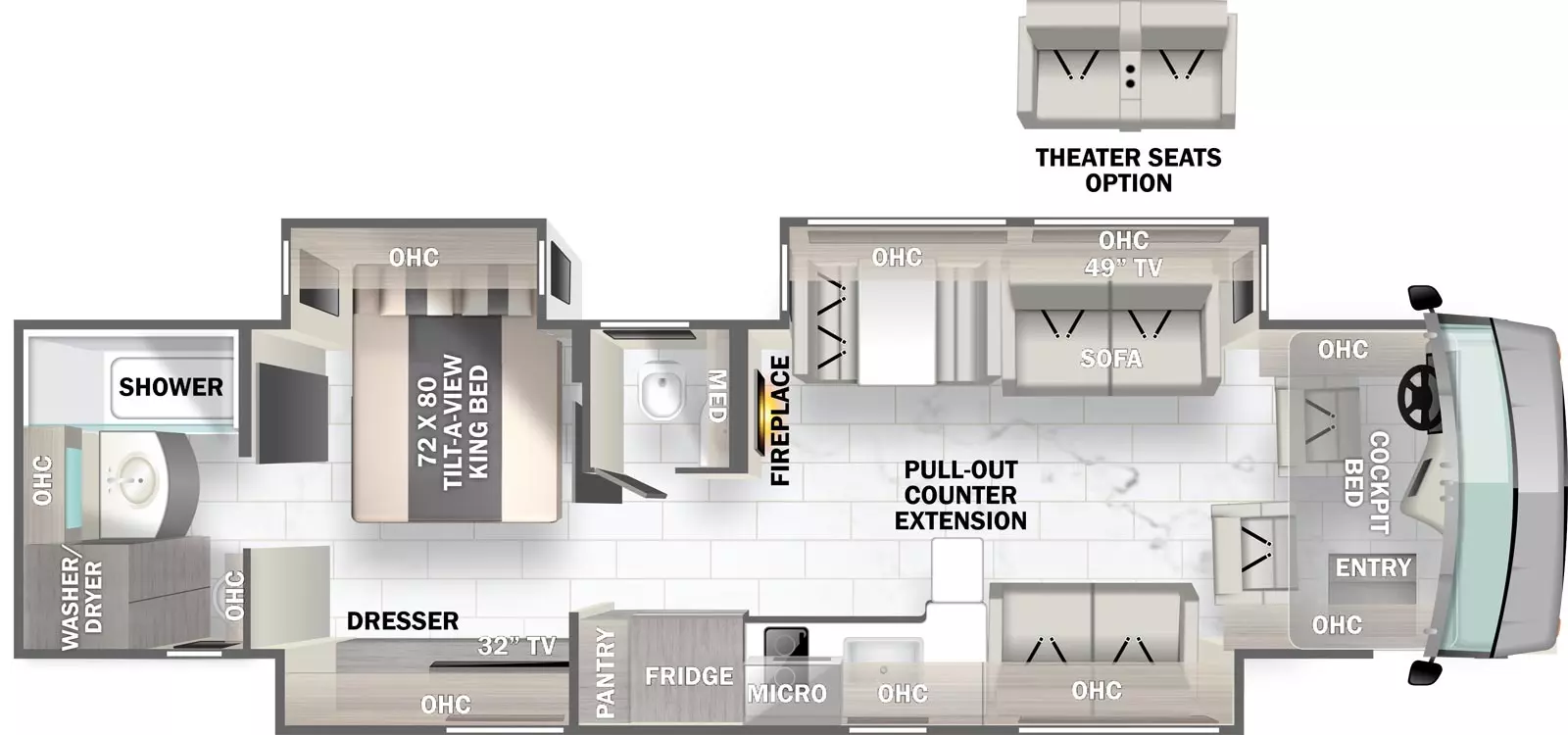 The 39A has 3 slide outs and one entry. Interior layout front to back: cockpit with entry, overhead cabinets, and cockpit bed; off-door side slideout with sofa, TV, dinette and overhead cabinet; door side slideout with sofa, overhead cabinet, kitchen counter with sink, pull-out counter extension, microwave above cooktop, refrigerator, pantry, and bedroom dresser with overhead cabinet and TV; off-door side fireplace along inner wall, and bathroom toilet with medicine cabinet; off-door side slideout with tilt-a-view king bed and overhead cabinet; rear full bathroom with washer/dryer prep, and overhead cabinets. Optional theater seats available in place of sofa in off-door side slideout.