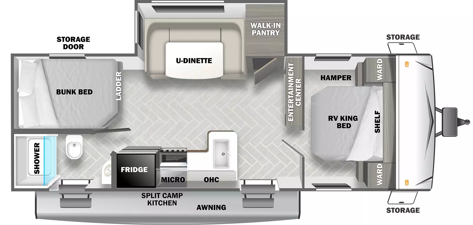 The T2400BHL has 1 slide out on the off-door side and 2 entry doors. Exterior features include: rear off-door side storage door; split camp kitchen in between the 2 entry doors, awning over both entry doors, front storage. Interior layout from front to back includes: front bedroom with RV King bed, opposing side wardrobes, shelf over bed and hamper; rear facing entertainment center; off-door slide out holding a U-dinette and walk-in pantry; door side kitchen with refrigerator, overhead microwave and cabinet, stovetop and L-shaped countertop with kitchen sink; door side bathroom with shower, toilet, sink and door to outside; off-door side rear corner bunk beds with ladder.