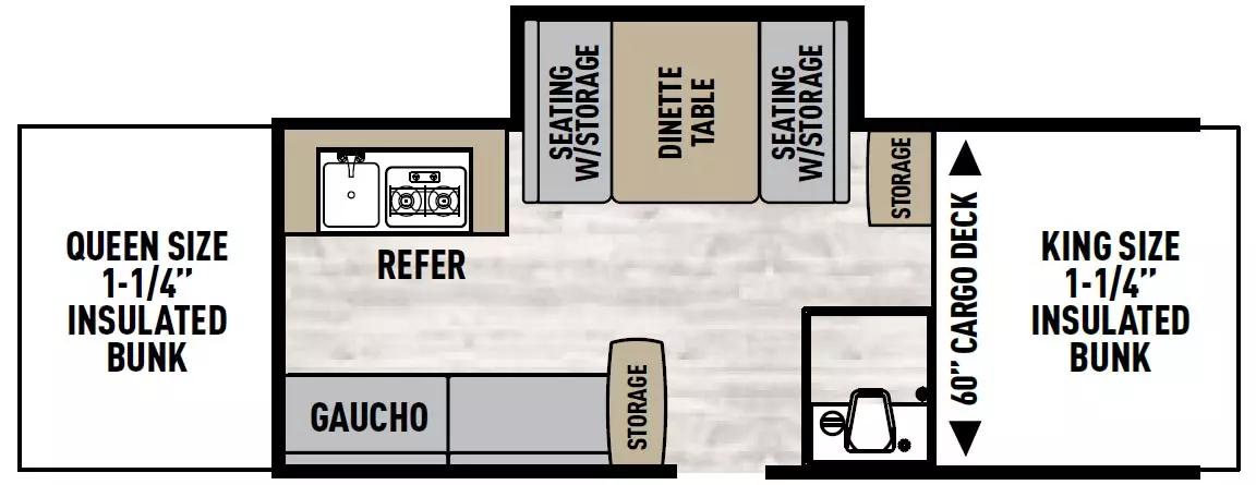 The Viking V -Trec V3  has 1 slideout located on off-door side and 1 entry door. Interior layout from front to back; King size 1 1/4 inch insulated bunk with 60 inch gaucho deck; off-door side storage and dinette table with seating with storage and range with sink, and refrigerator; door side storage near entry and toilet with cabinet near entry and gaucho hide a bed; rear Queen size bed with 1 1/4 inch insulated bunk.