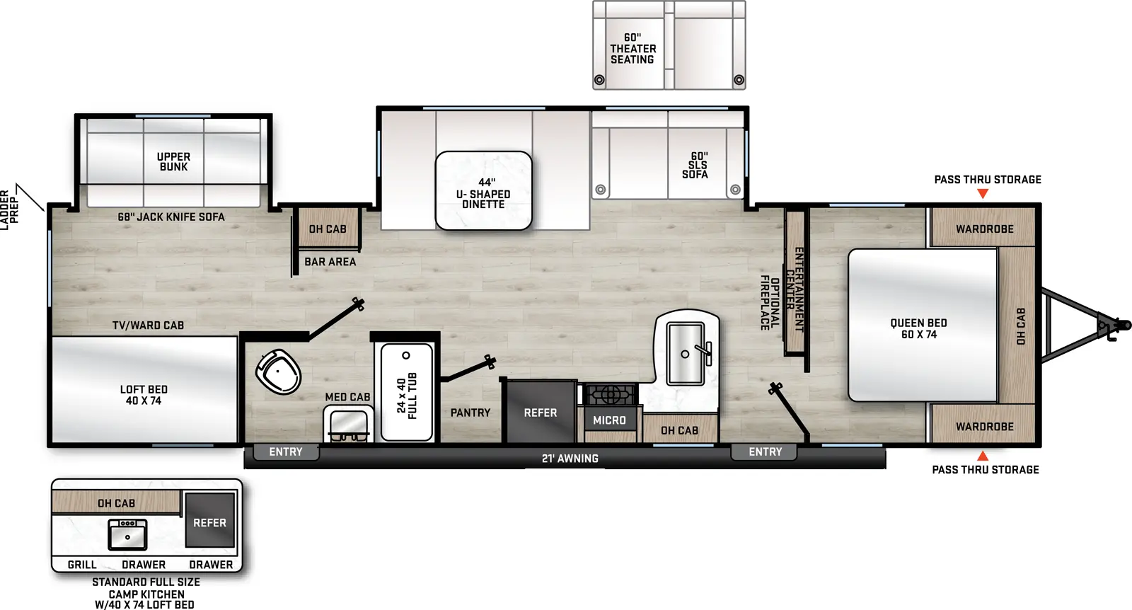 The 320BDS has 2 slide outs both on the off-door side and 2 entry doors. Exterior features include a standard full size camp kitchen with sink, grill, overhead cabinet, drawers and refrigerator; 21 foot awning over both entry doors; outside shower on the off-door side in between the slide outs, and front pass through storage. Interior layout from front to back: front bedroom with foot facing 60x74 Queen bed, wardrobes on each side of the bed and overhead shelf; living kitchen area with rear facing entertainment center and standard fireplace, off-door slide out holding U-shaped dinette and sofa, door side kitchen with refrigerator, overhead cabinets, overhead microwave, stovetop and double basin sink; door side side aisle bathroom with exterior door, 24x40 full tub, toilet, sink and medicine cabinet; pantry across from bathroom; rear bunk house with door side loft bed with TV/wardrobe cabinet under the loft bed; off-door side slide out with cube sofa below and flip bunk bed above.