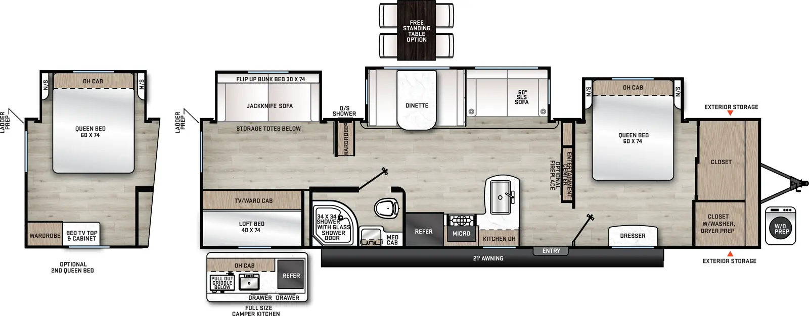 The 340BHTS has 3 slide outs all on the off-door side with 1 entry door. Exterior features include outside shower and exterior storage on the off-door side, standard full size camp kitchen on the door side with sink, grill, drawers, overhead cabinets and refrigerator, 21 foot awning and front exterior storage. Interior layout from front to back include: front bedroom with 60x74 Queen bed in an off-door side slide out, front closets with washer/dryer prep, dresser across from foot of bed; living/kitchen area with rear facing entertainment center, standard fireplace and pantry; off-door side slide out holding a dinette and sofa; door side kitchen with refrigerator, overhead microwave, stovetop, overhead cabinet, peninsula countertop with double basin sink; door-side side aisle bathroom with 34x34 shower with glass door, toilet, sink and medicine cabinet; pantry/wardrobe across from bathroom; rear bunk house with door side loft bed over TV/Wardrobe and off-door side slide out with cube sofa and flip up bunk bed.