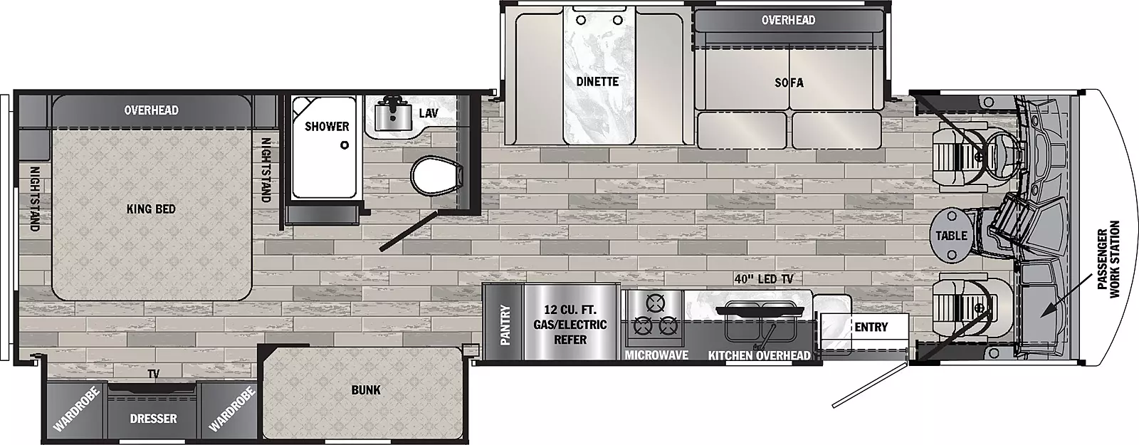 The 33B3 is a 2-slide floorplan; 1 off-door side, 1 door side.  Interior front to back; Cab with table, passenger work station. Off-door side slide-out with sofa, overhead, dinette.  Off-door side lav, shower, nightstand, king bed, overhead.  Door Side; kitchen, overhead, 40" LED TV, microwave, 12 cu. ft. gas/electric refrigerator, pantry.  Door side slide; Bunk, wardrobe, dresser, tv, wardrobe.