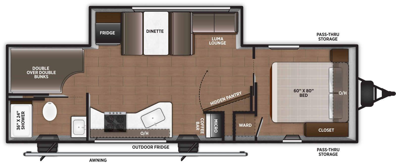 The Airelume 265 floorplan has two entries and one slide out. Exterior features include: metal exterior and 15' awning. Interiors features include: bunk beds and front bedroom.